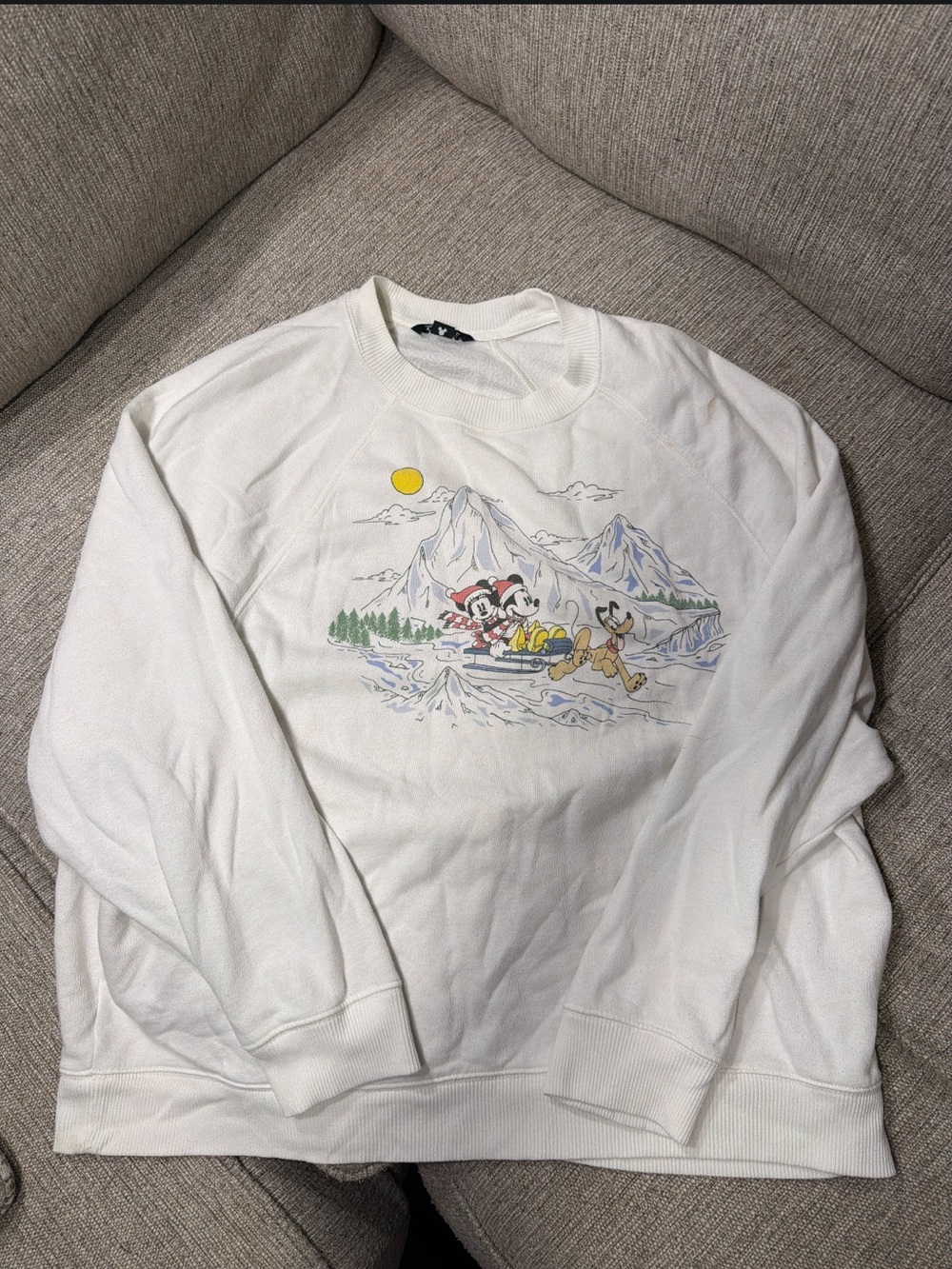 Disney White Crewneck Sweatshirt with Multicolor Mountain Sled Graphic